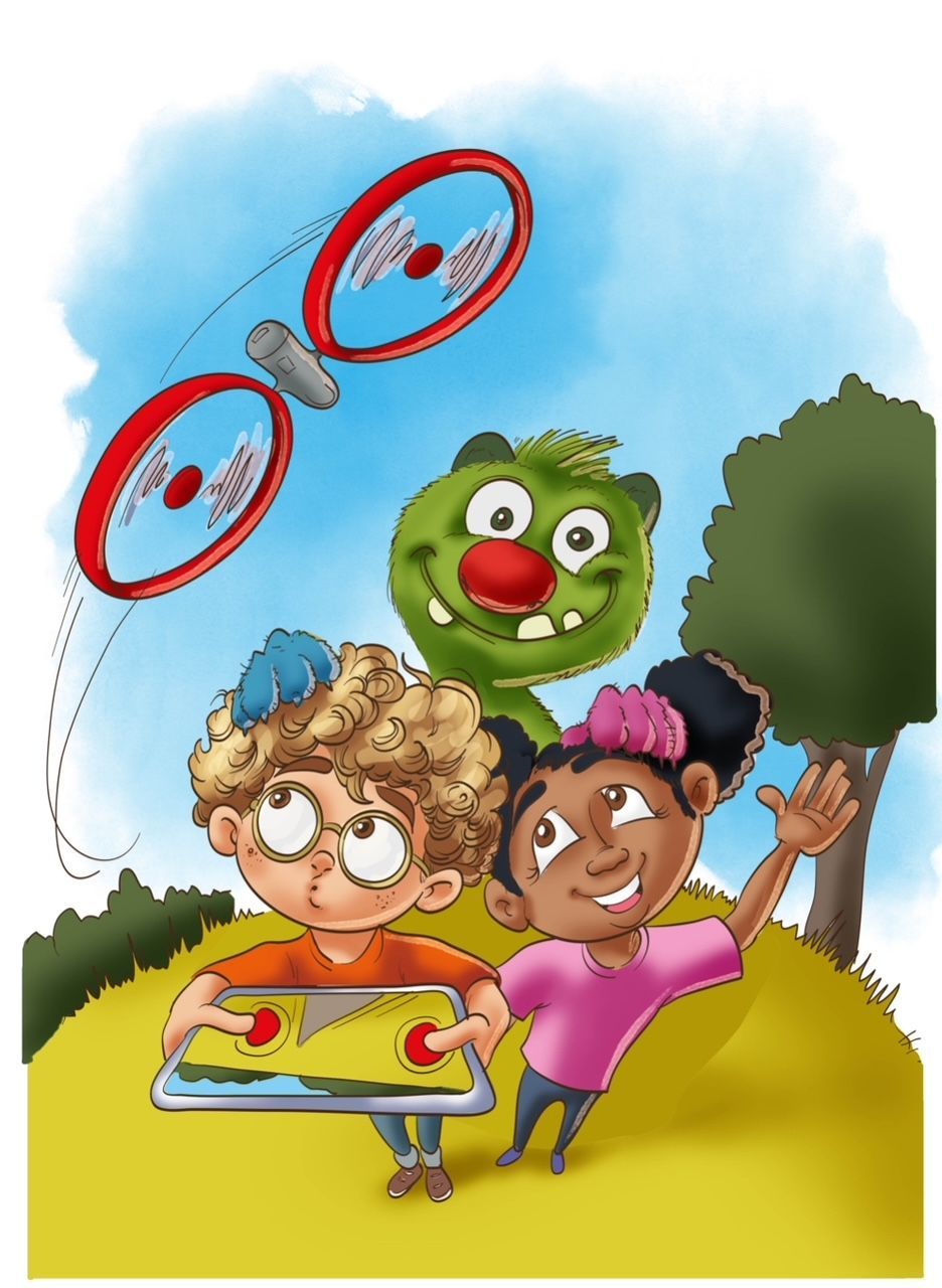 Eine Karikatur eines Jungen und eines Mädchens, die mit einer Drohne spielen