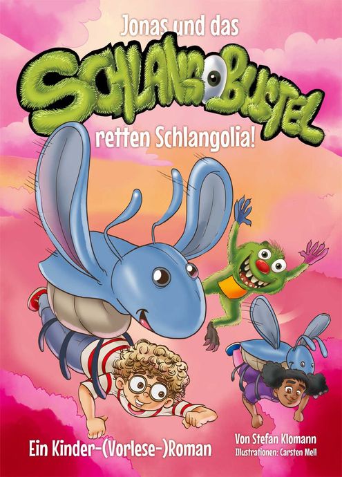 Farbenfrohes Cartoon-Buchcover mit blauen und grünen Figuren und deutschem Titeltext vor rosa Himmel
