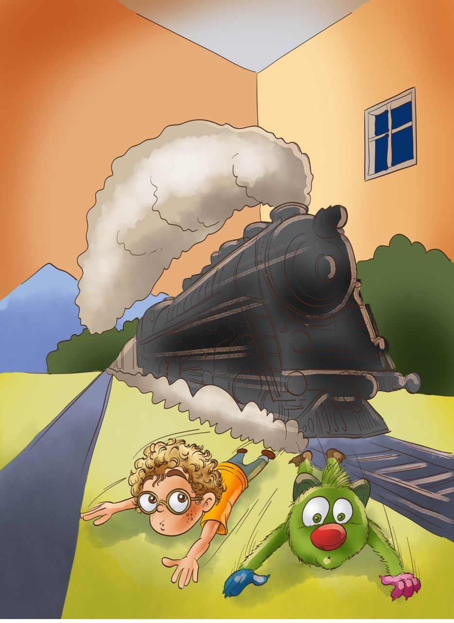 Eine Karikatur eines Jungen, der neben einem Zug auf dem Boden liegt