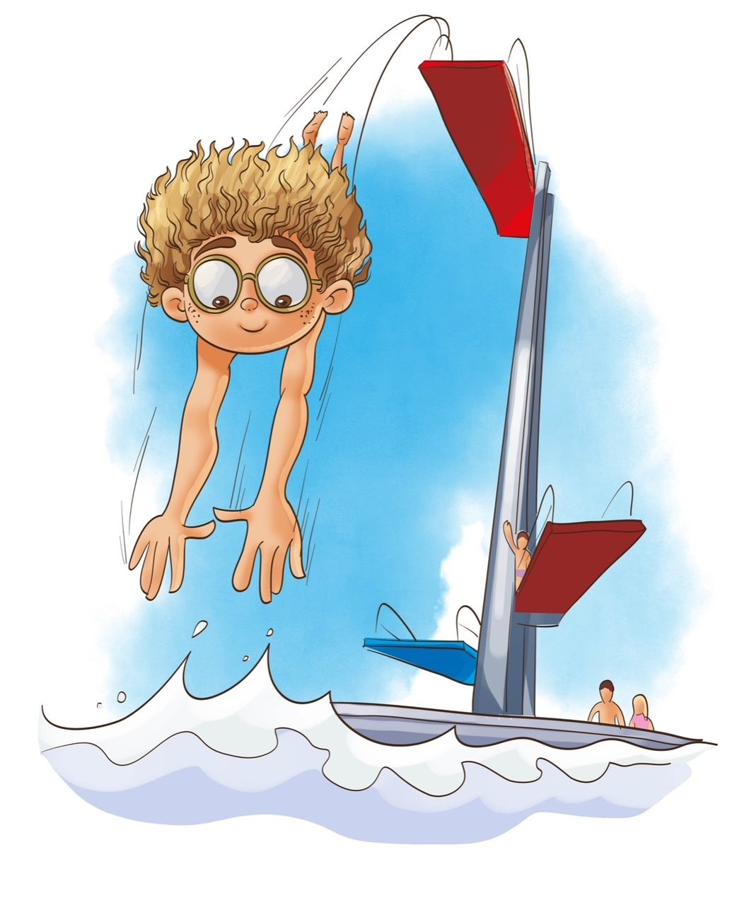 Eine Karikatur eines Jungen, der ins Wasser springt