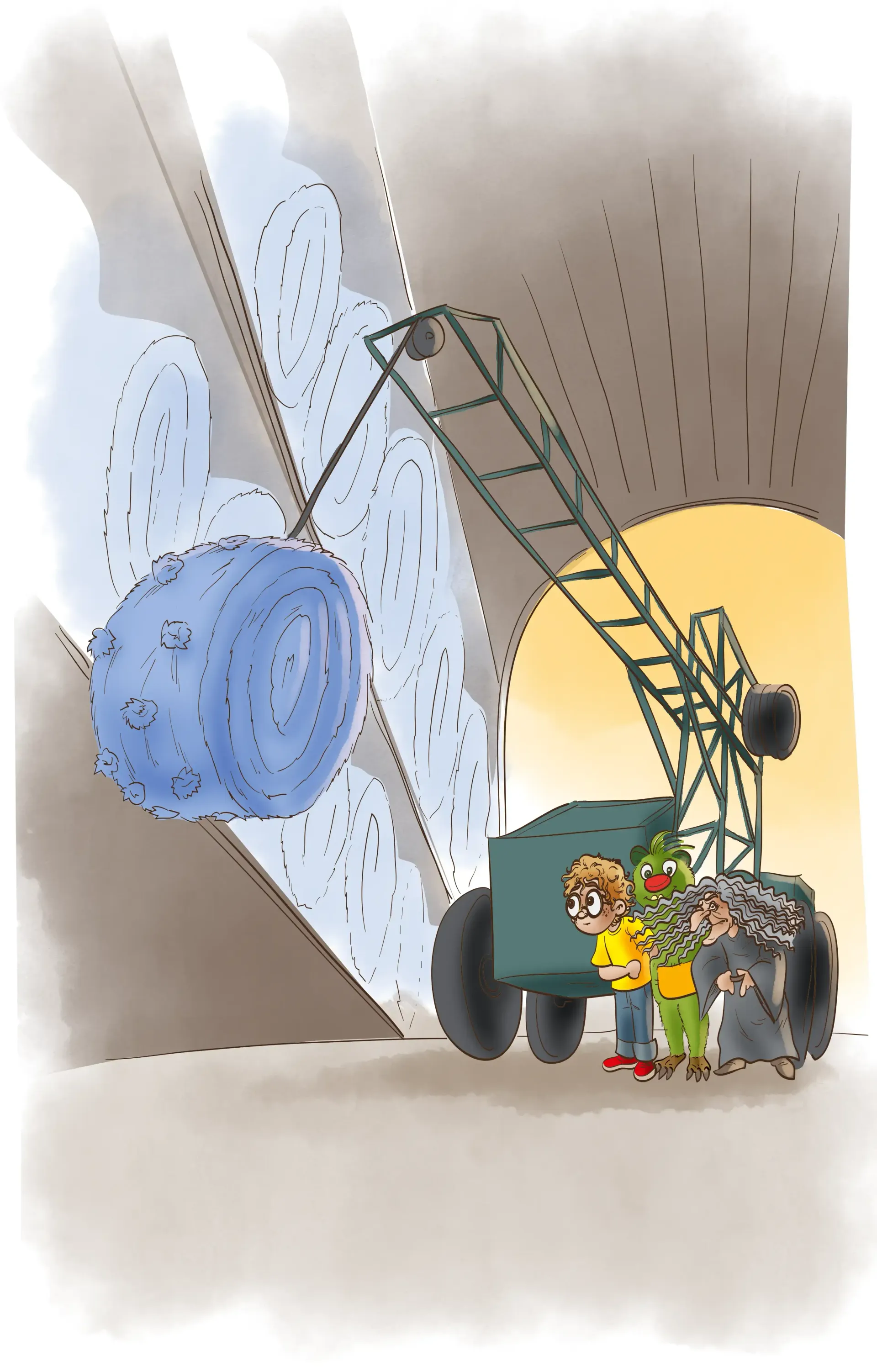 Kleine Arbeiter in einem Tunnel neben einem Kran und einem Lastwagen, zwischen Schutt und einem großen blauen Felsbrocken.