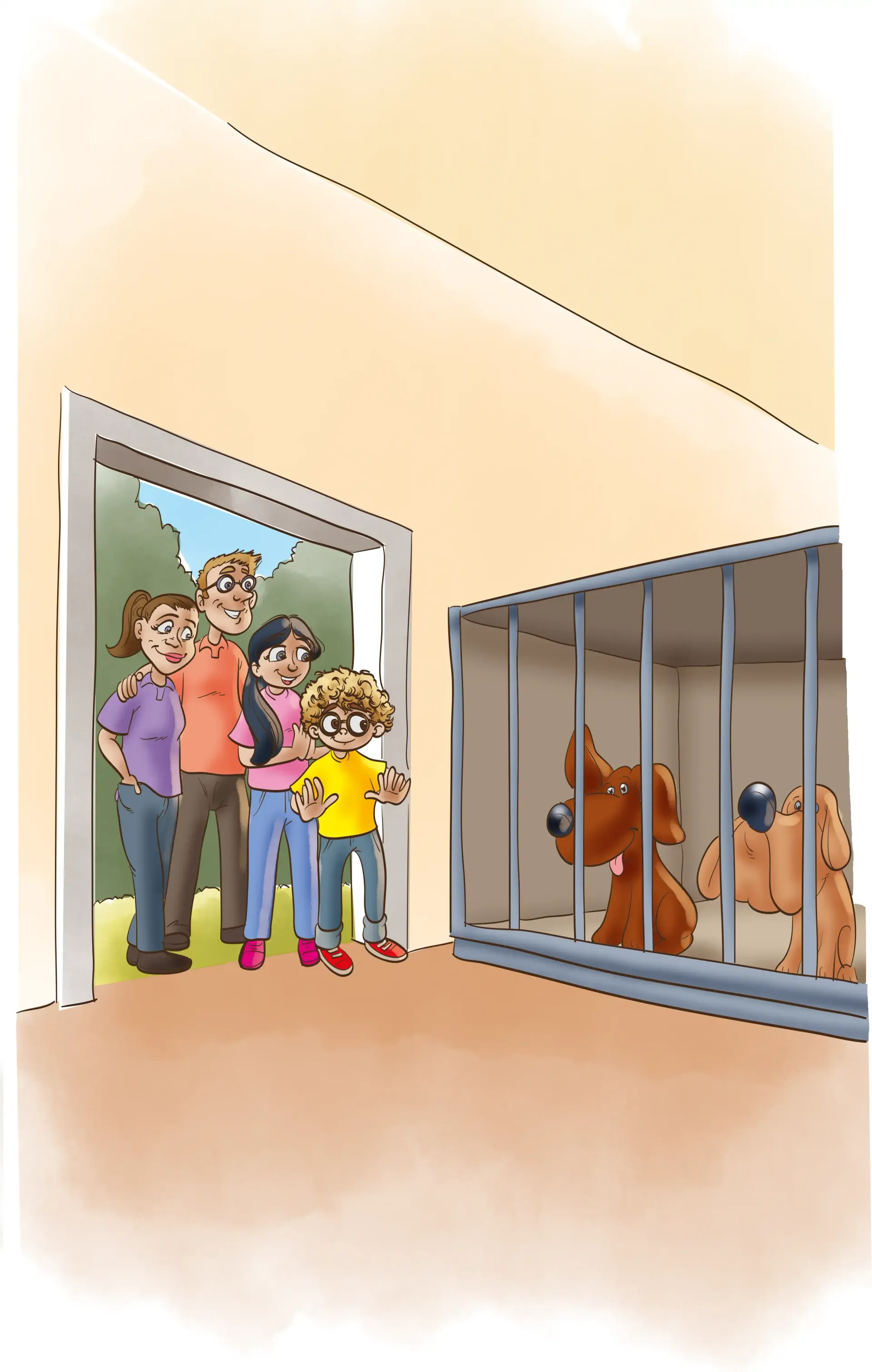 Menschen stehen in einem Türrahmen neben einem vergitterten Gehege, in dem sich mehrere Hunde befinden.