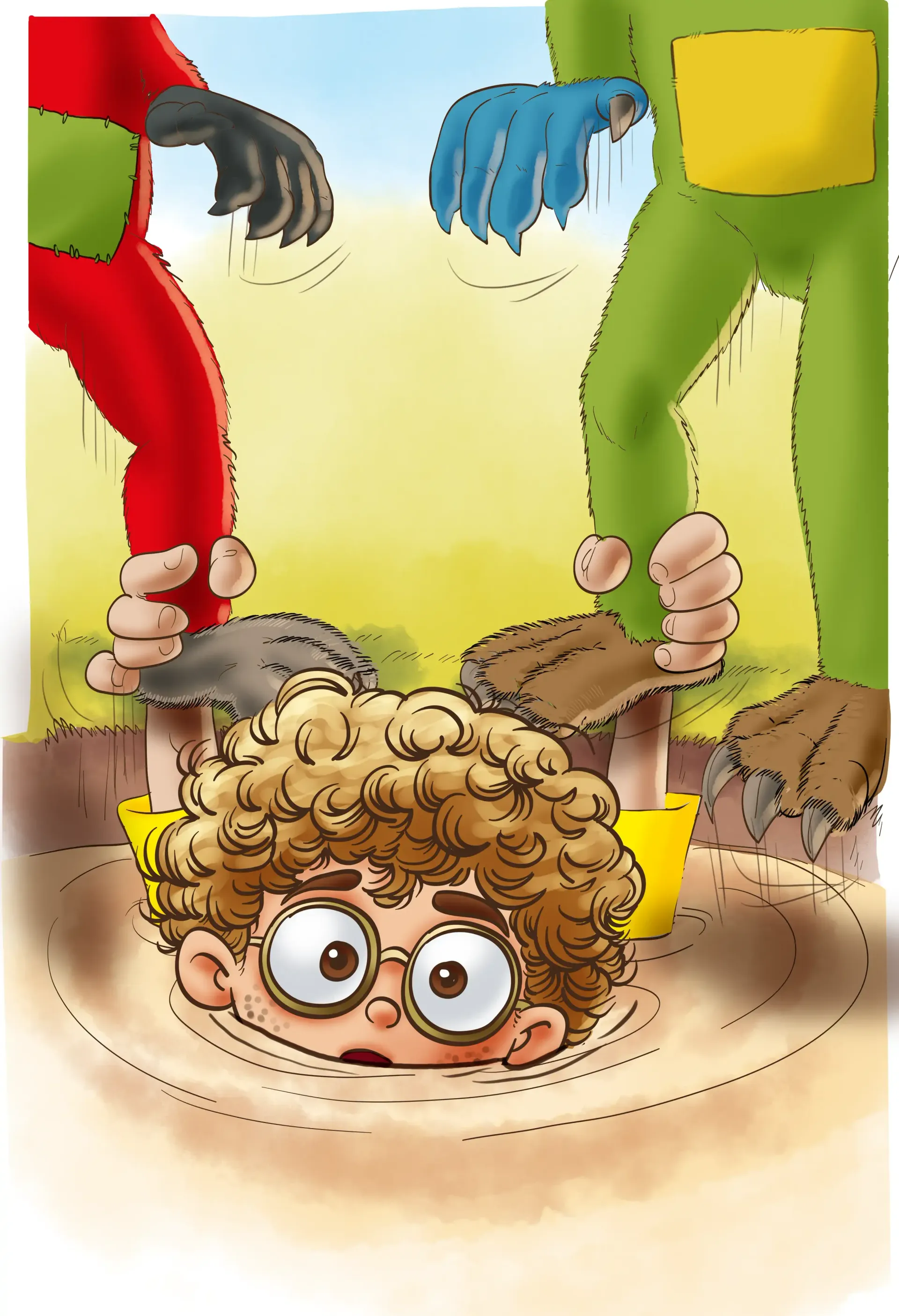 Eine Comicfigur mit lockigem Haar liegt mit dem Gesicht nach unten zwischen den Füßen zweier Personen in einer leuchtend gelben Szene