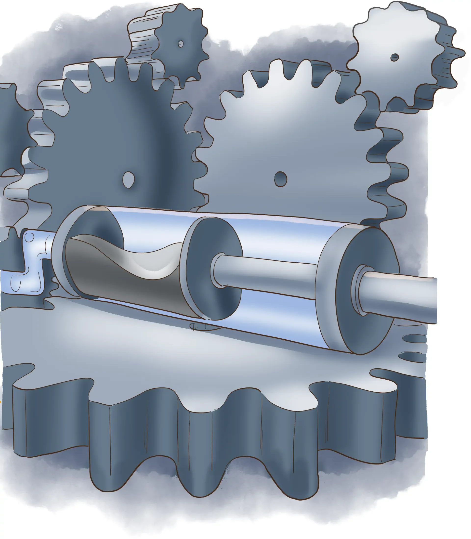 Metallzahnräder und -rollen in einer mechanischen Baugruppe, dargestellt in Graublautönen.