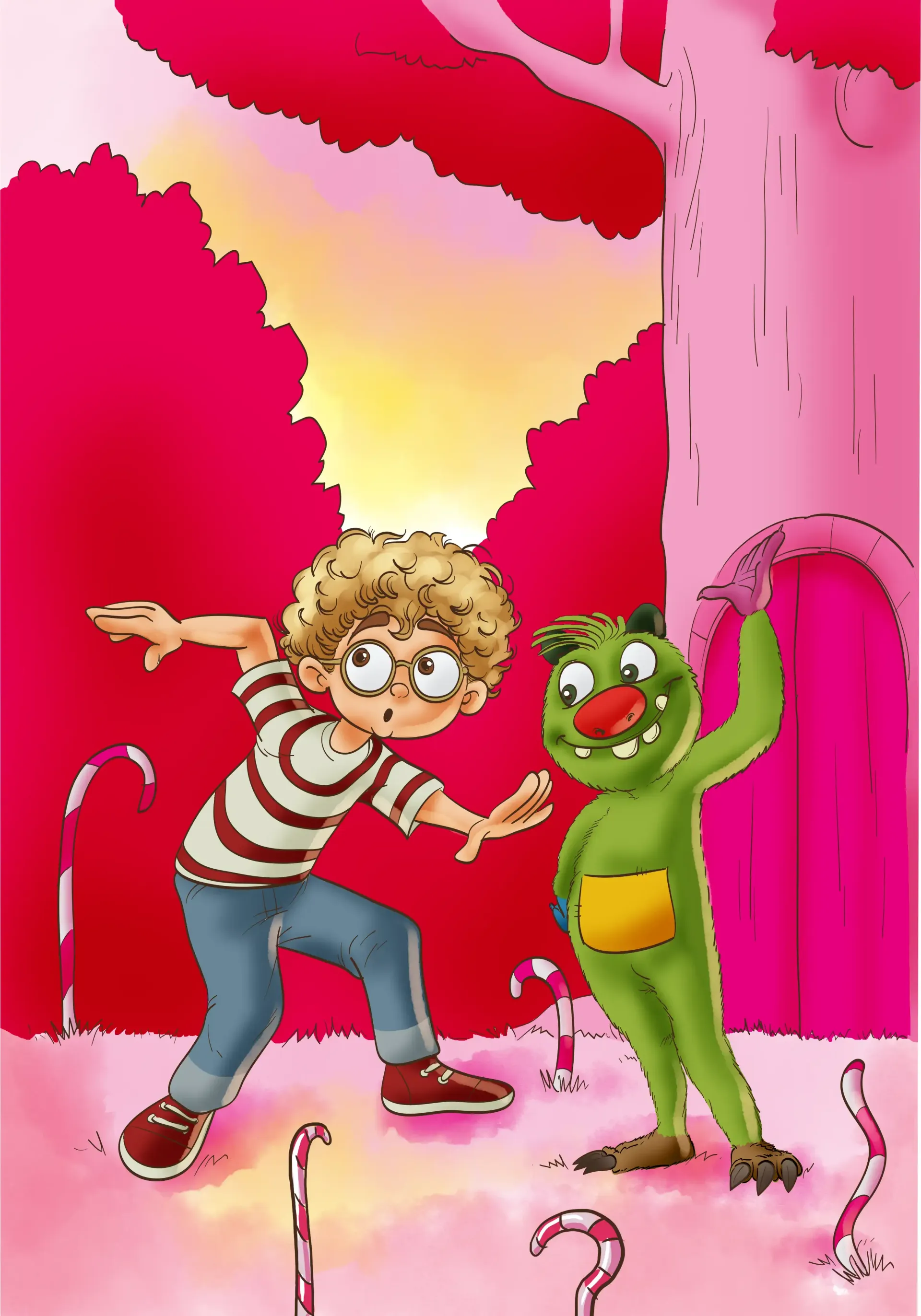 Ein Comickind und ein grünes Monster tanzen in einem leuchtend pinkfarbenen Zimmer vor dem Hintergrund eines Zuckerstangenhimmels und eines sonnenbeschienenen Himmels.