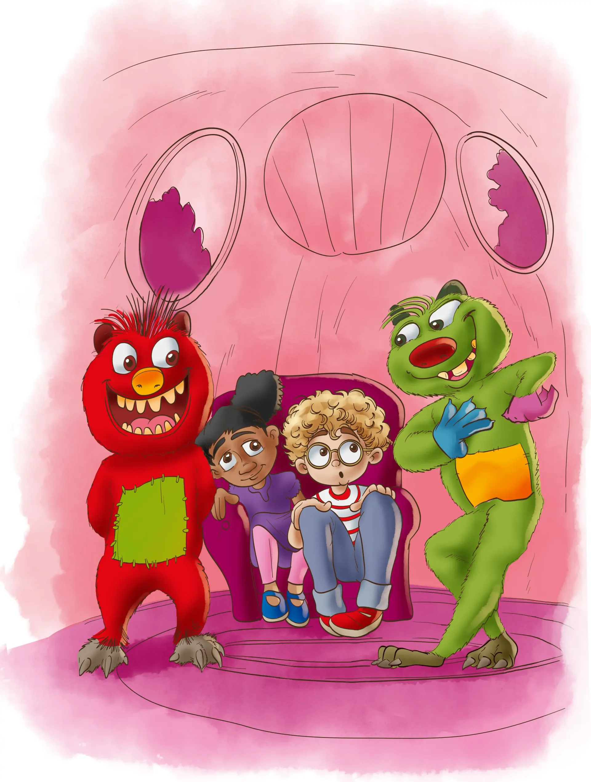 Drei Comic-Monster posieren mit drei Kindern in einer rosafarbenen, spielzimmerähnlichen Szene.