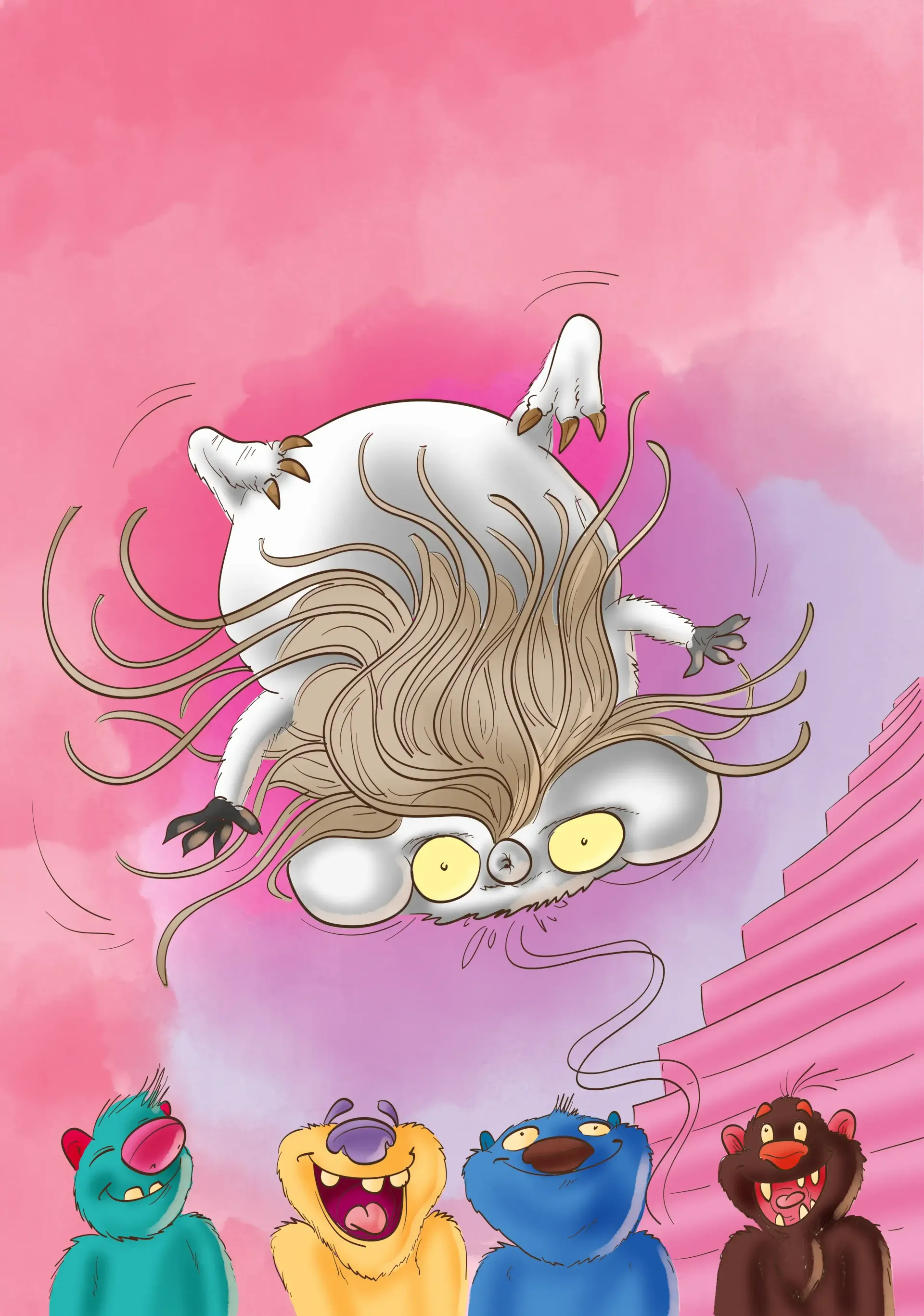 Eine weiße Cartoon-Katze hängt kopfüber über vier bunten, lächelnden Figuren auf rosa Hintergrund.