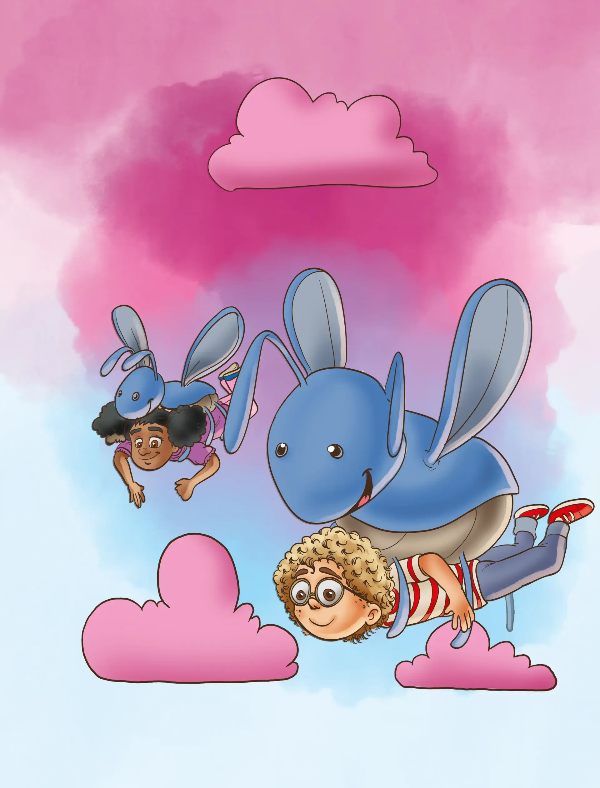 Zwei Cartoon-Hasen mit blauen Flügeln fliegen zwischen rosa Wolken vor einem pastellfarbenen Himmel.