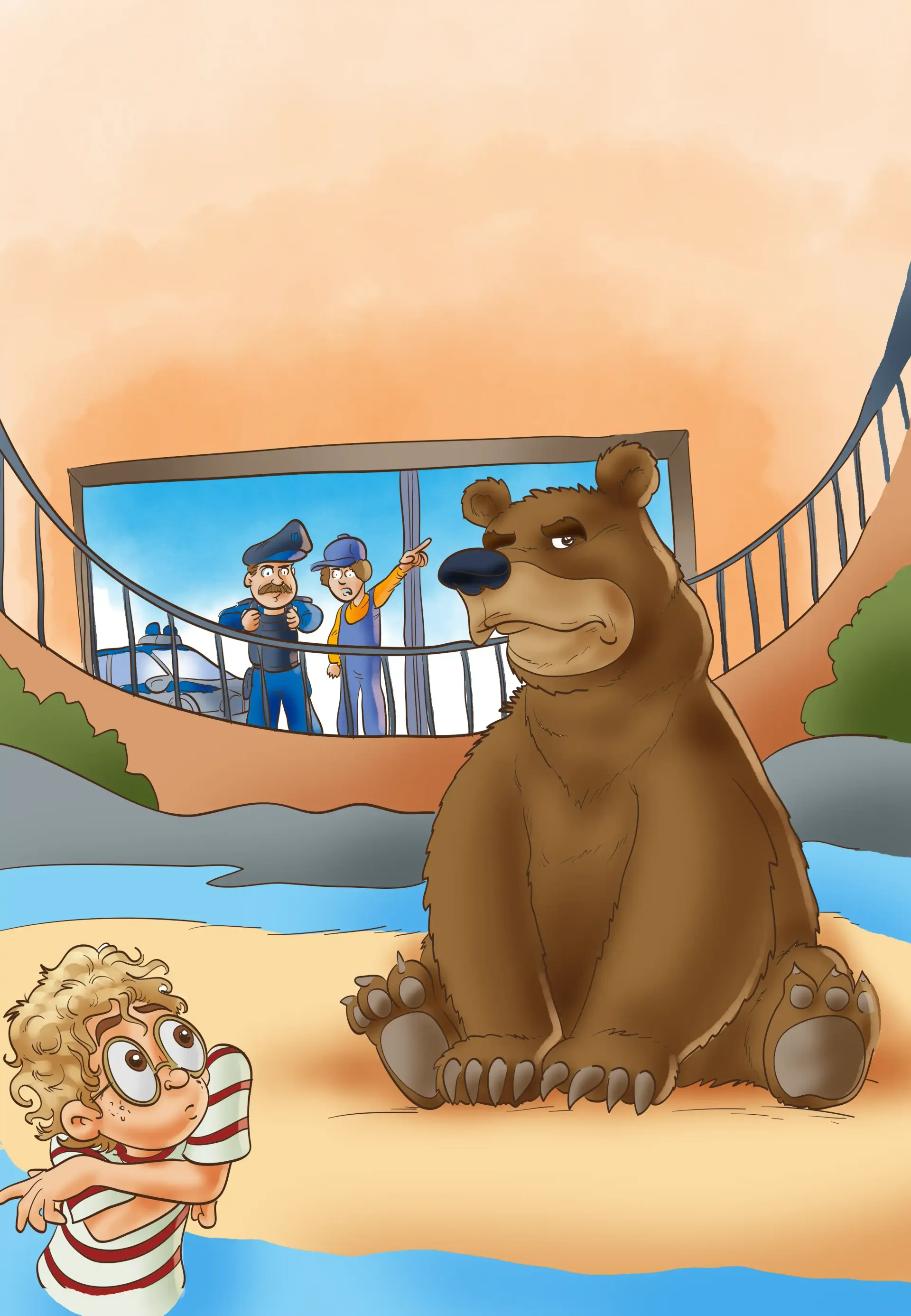 Bär am Sandstrand mit Löwenjungem, Brücke und Musikern im Hintergrund.