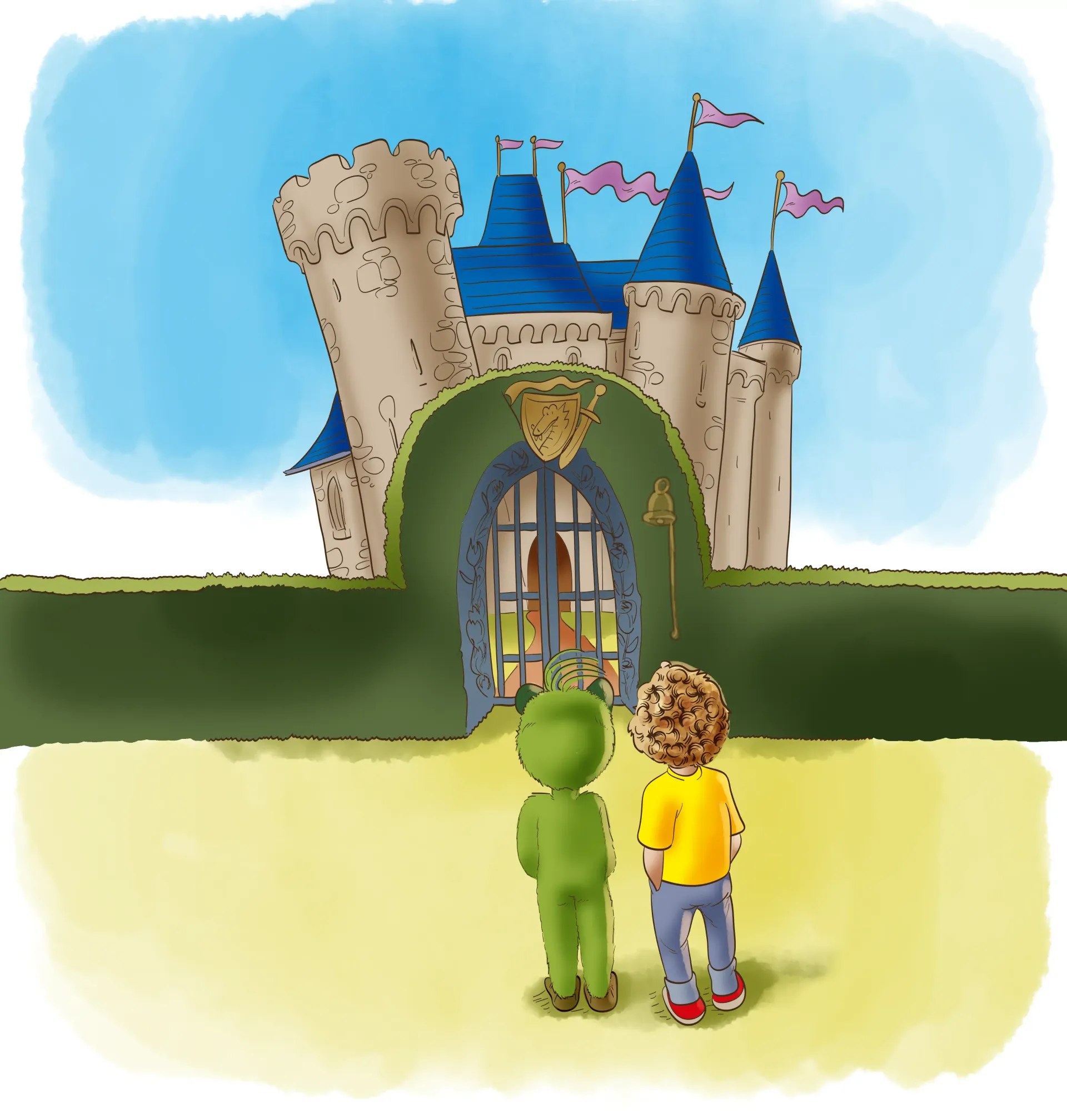 Zwei Kinder stehen vor einem Burgtor mit blauen Dächern unter strahlend blauem Himmel.