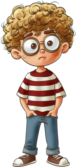 Ein Cartoon-Junge mit lockigem Haar und Brille steht mit den Händen in den Taschen da.