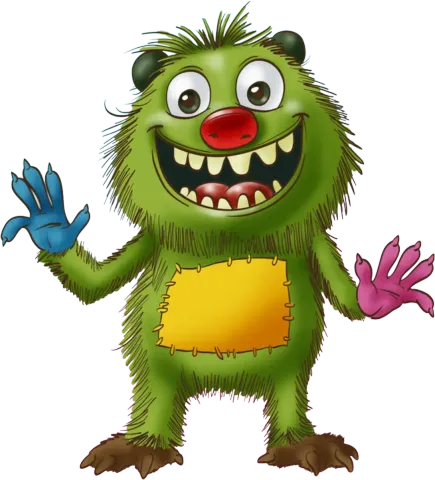 Ein grünes Monster mit einem gelben Fleck auf der Brust winkt