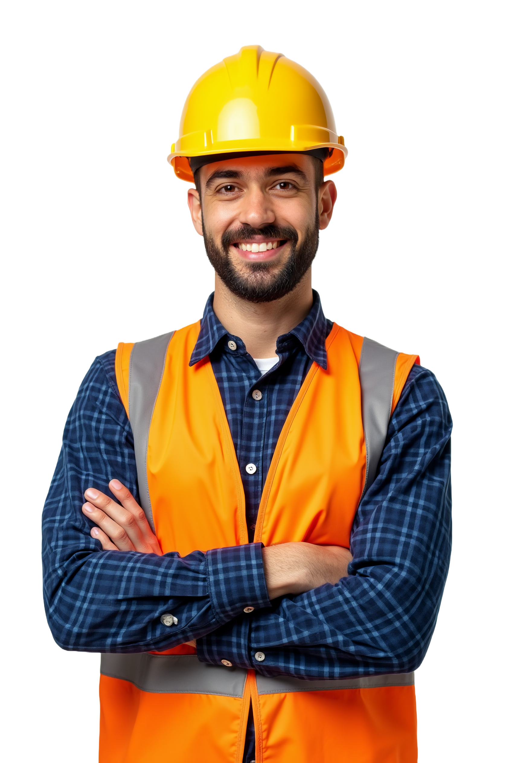 Un ouvrier du bâtiment, portant un casque jaune et un gilet orange, sourit, les bras croisés.
