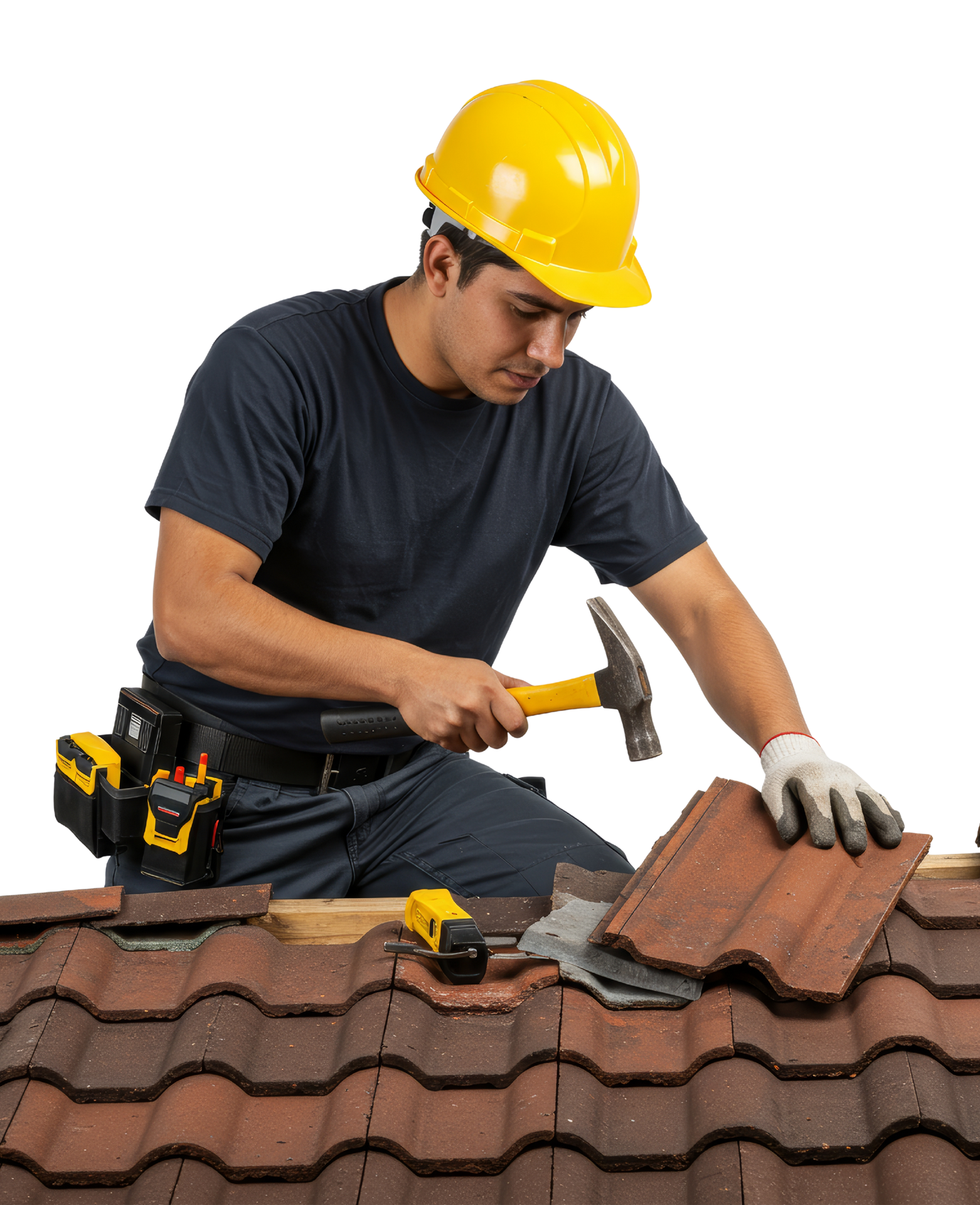 Un couvreur, coiffé d'un casque jaune, enfonce un clou sur un toit de tuiles brunes. Il porte des gants, une ceinture porte-outils et une chemise bleu marine.