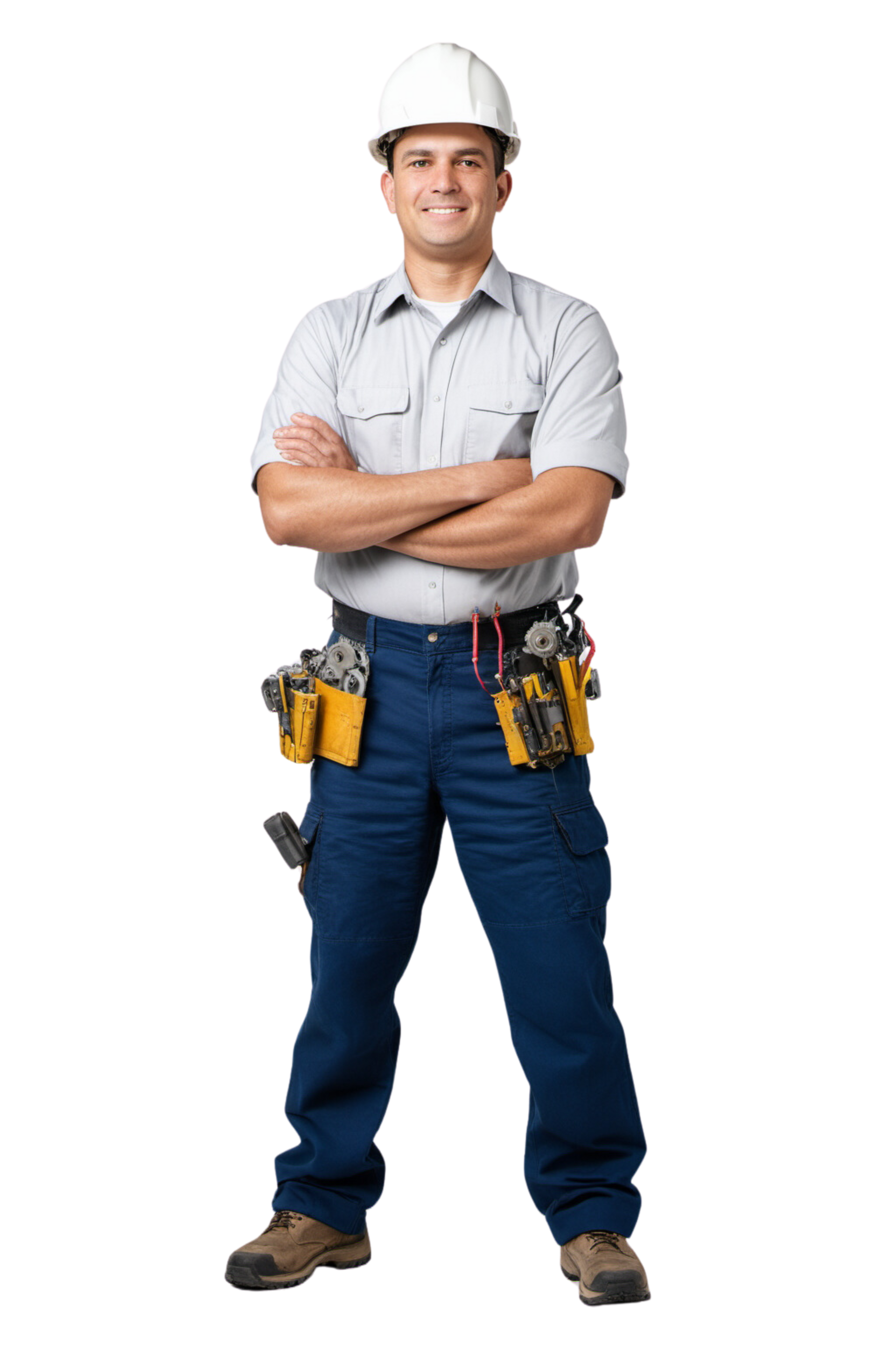 Ouvrier du bâtiment portant un casque de chantier, les bras croisés, une ceinture à outils et un pantalon de travail bleu.