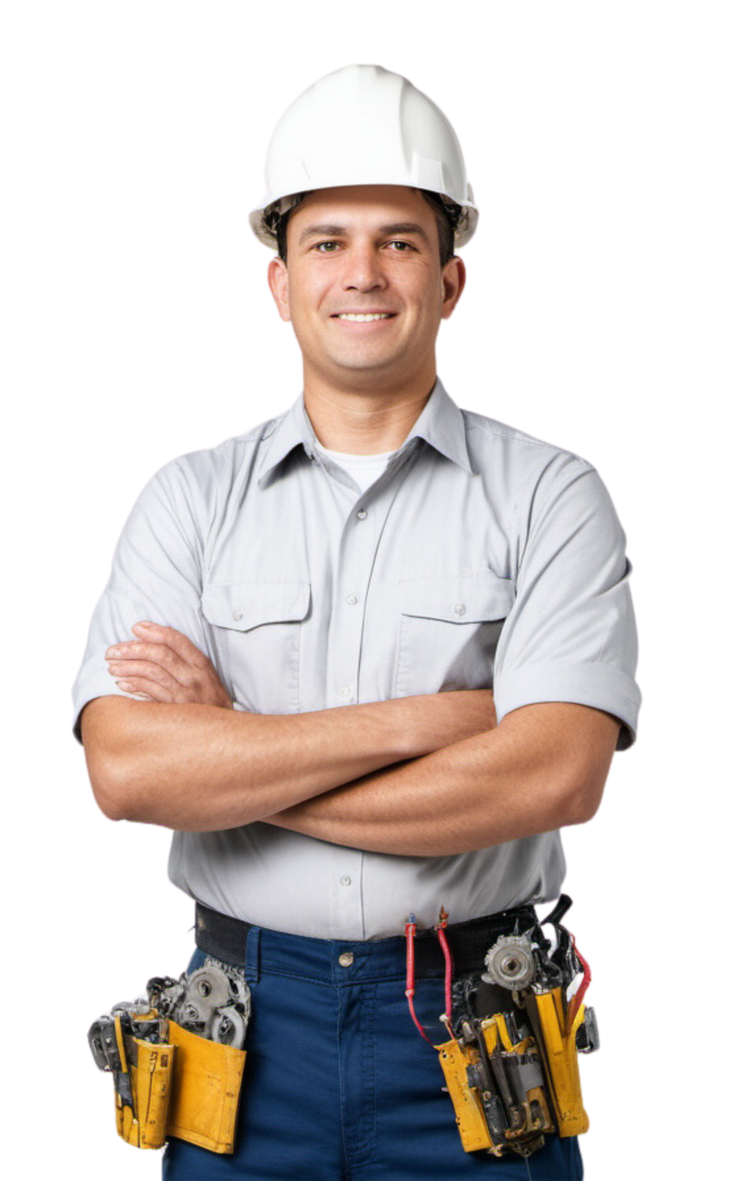 Ouvrier du bâtiment portant un casque blanc et une ceinture à outils, les bras croisés, souriant.