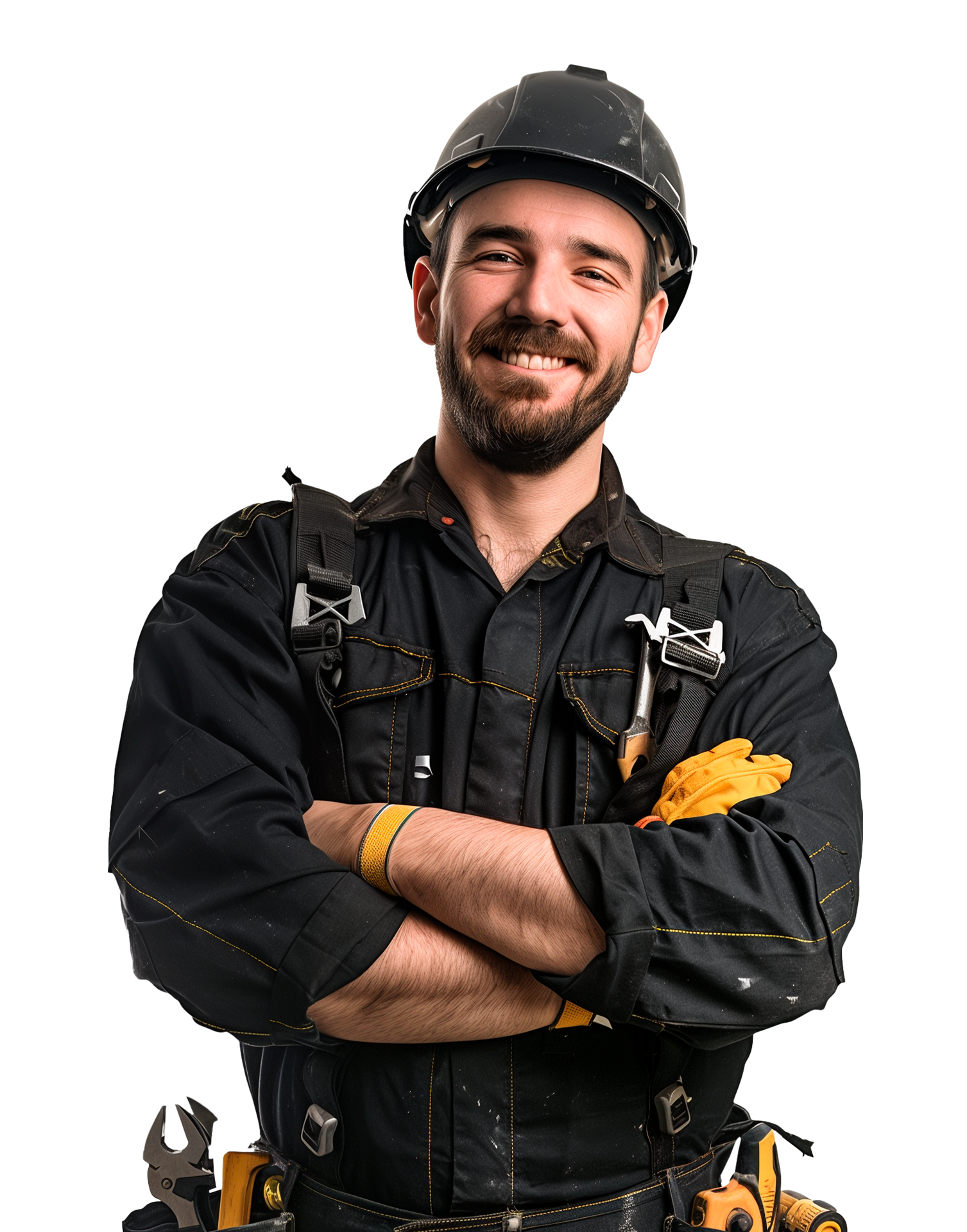 Ouvrier du bâtiment en combinaison noire et casque de chantier, les bras croisés, souriant.