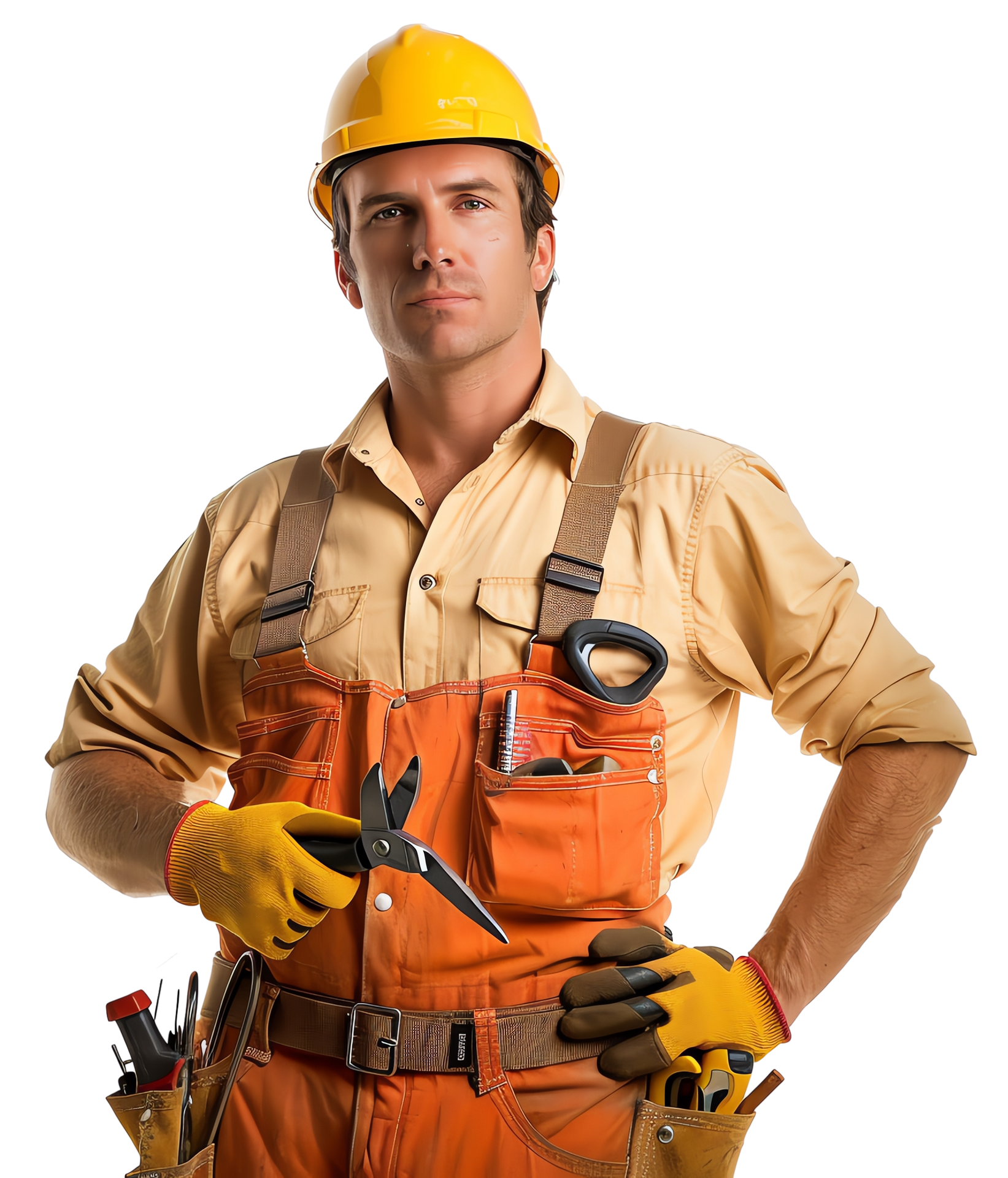 Un ouvrier du bâtiment portant un casque jaune et une salopette orange, tenant une pince.