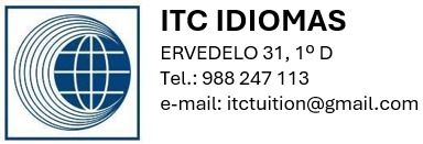 Logotipo para ITC Idiomas con dirección, número de teléfono y correo electrónico.