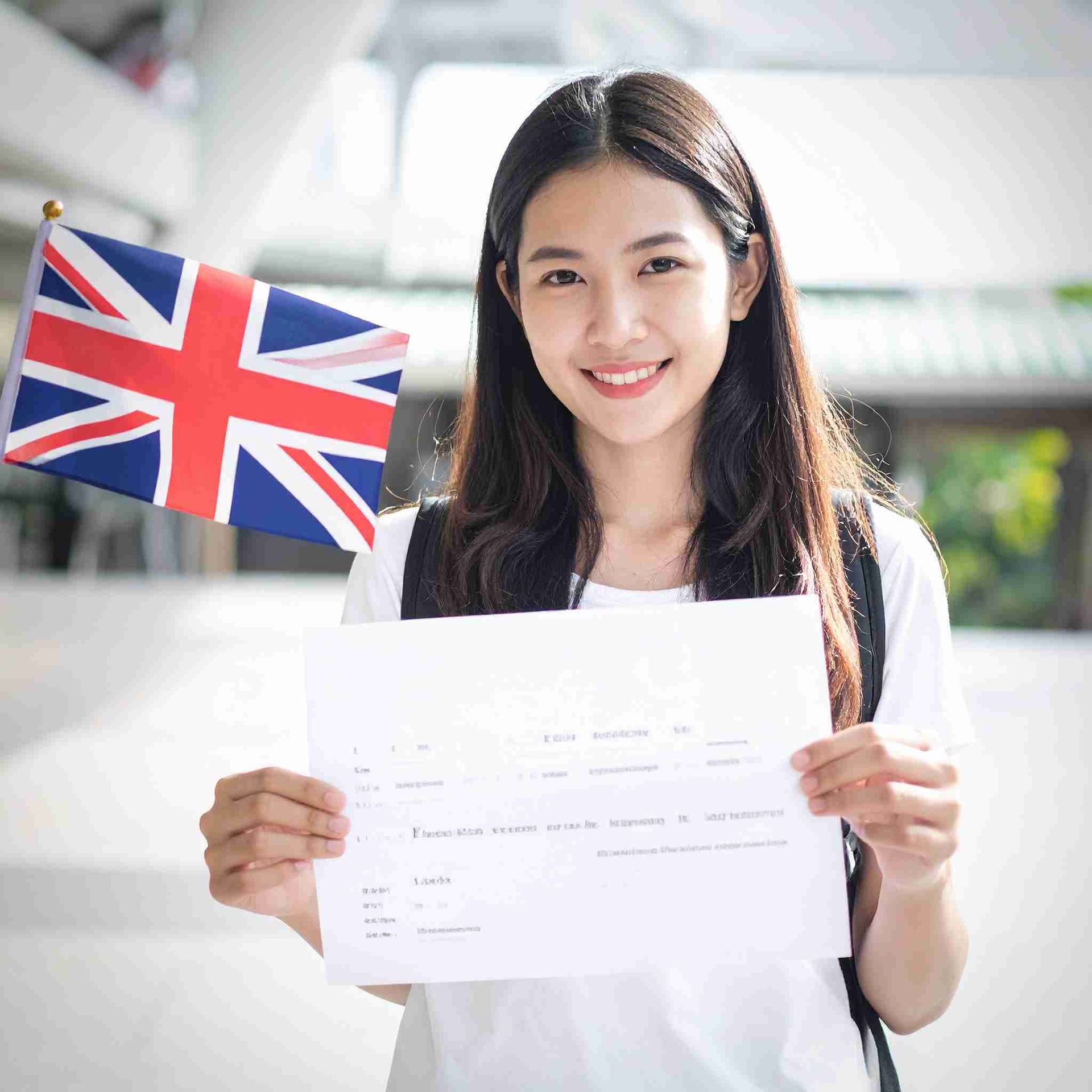 Una mujer sonriente sostiene un papel mientras ondea la bandera de Union Jack frente a un edificio.