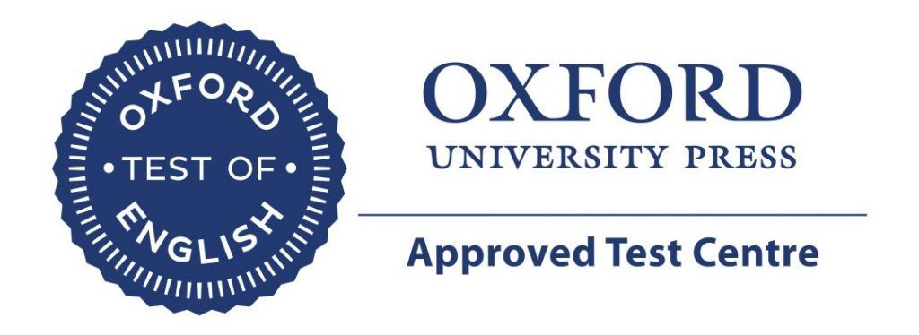 Logotipo de Oxford Test of English: insignia azul, texto