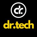 Logo noir avec une ic&ocirc;ne circulaire blanche au-dessus du texte jaune indiquant &laquo; dr.tech &raquo;