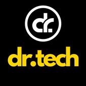 Logo dr.tech en jaune avec une icône circulaire blanche sur fond noir