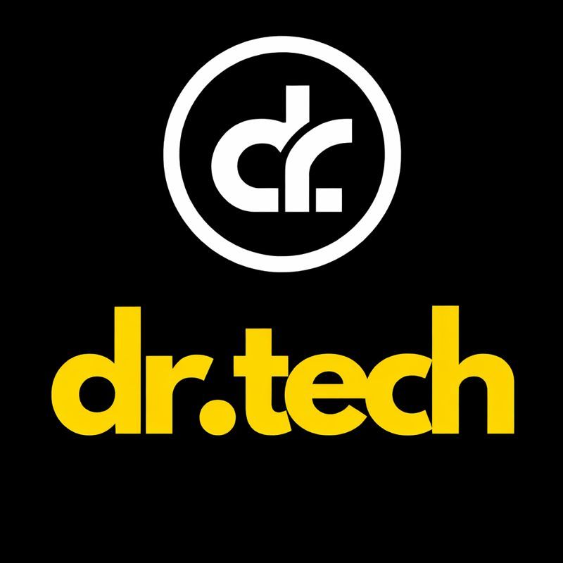 Logo noir avec une ic&ocirc;ne circulaire blanche au-dessus du texte jaune indiquant &laquo; dr.tech &raquo;