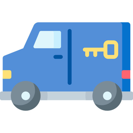 Ein blauer Lieferwagen mit einem Schlüssel an der Seite.