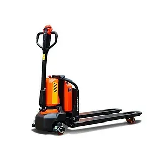 Transpaleta eléctrica de color naranja y negro sobre fondo blanco.
