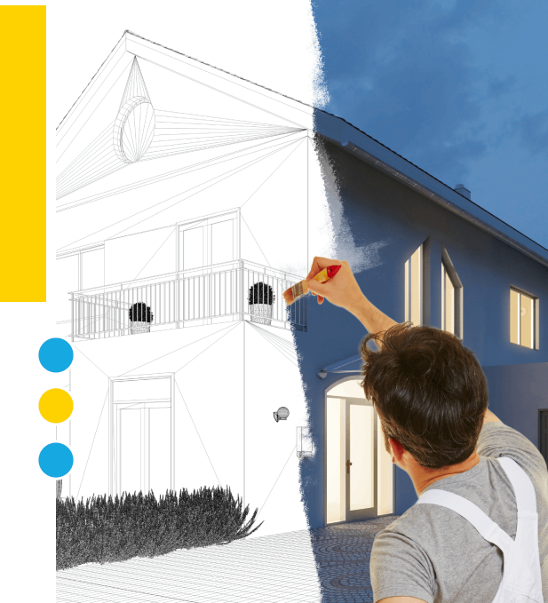 Eine Person streicht mit einer weißen Farbrolle eine blaue Wand, Kühns Maler GmbH