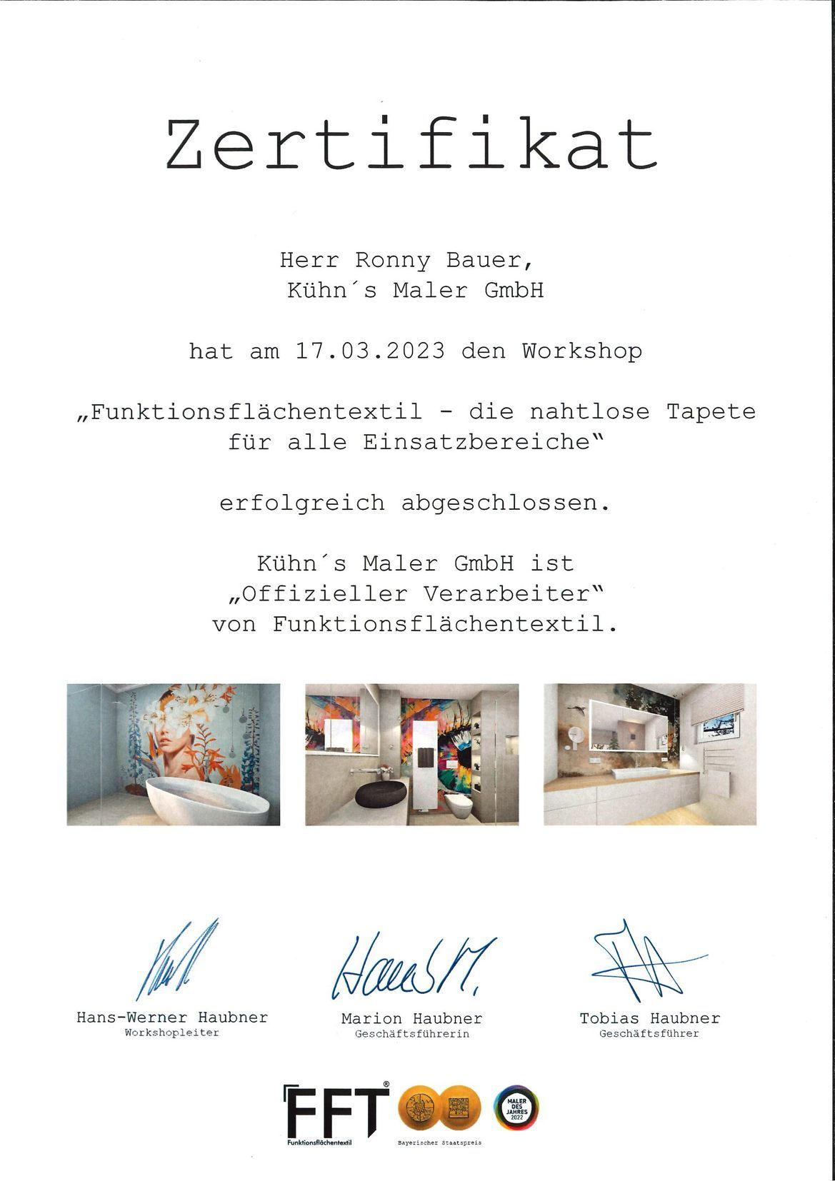 Teilnahmezertifikat für einen Workshop. Zeigt ein weißes Dokument mit Text und Bildern von Badezimmerdesigns.