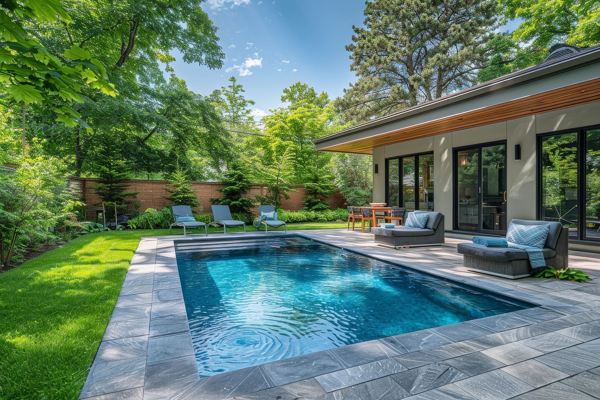 Une piscine au bord d'une villa.