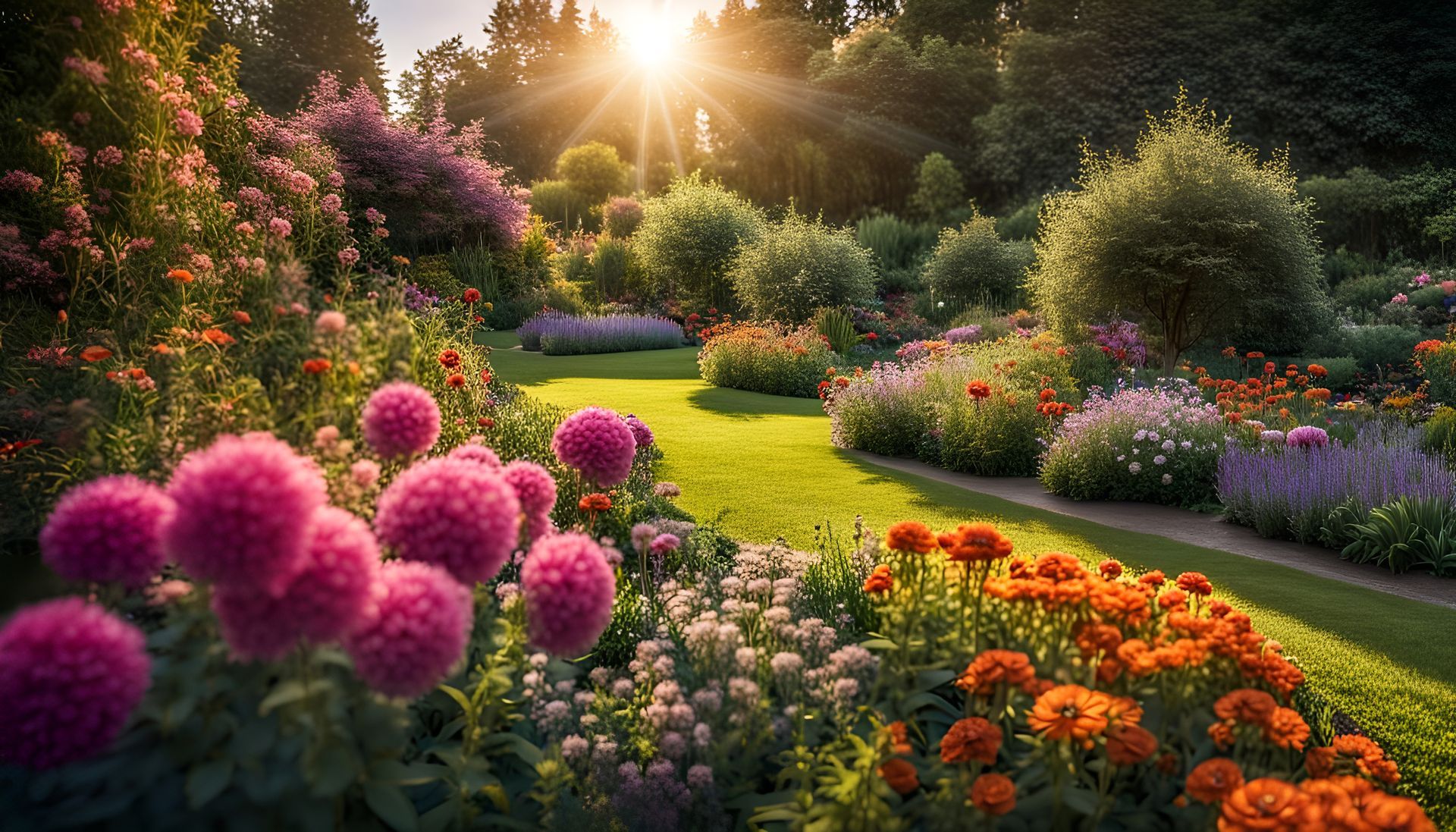 Un jardin avec un soleil rasant.