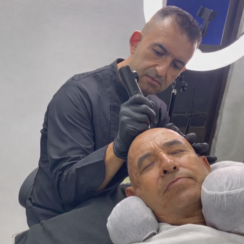 Un profesional, vestido con uniforme negro y guantes, utiliza un dispositivo manual en el cuero cabelludo 