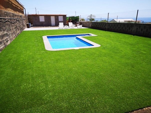 Una piscina está rodeada de un exuberante césped verde.