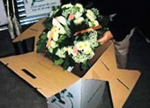 Una persona sostiene un ramo de flores en una caja de cartón.