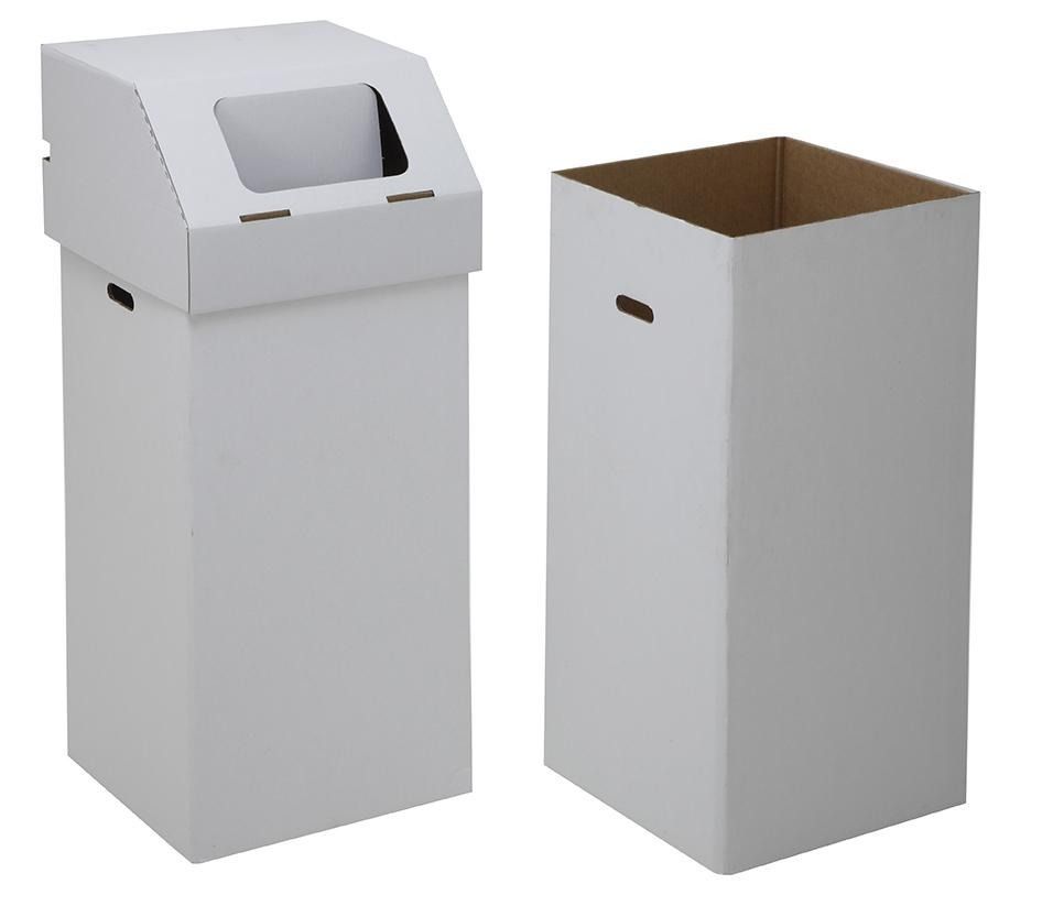 Dos botes de basura de cartón blanco están uno al lado del otro.