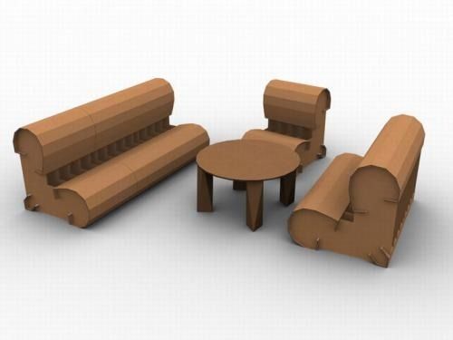 Un conjunto de sofá y silla de cartón con una mesa.