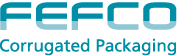 El logotipo de los embalajes de cartón ondulado de Fefco es azul y blanco.