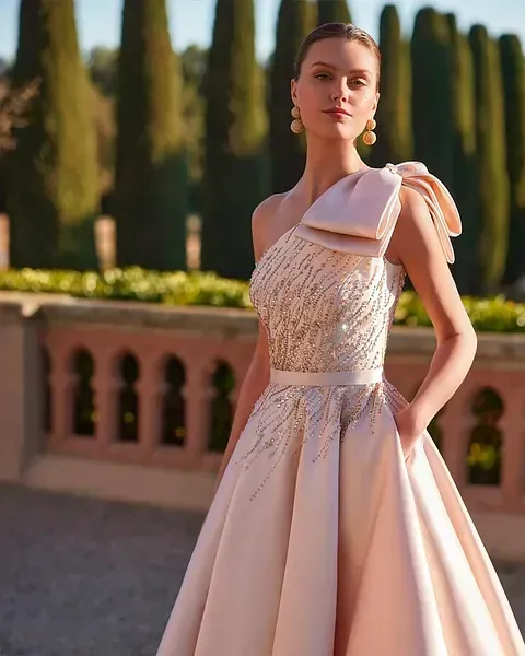 Una mujer con un vestido rosa está parada frente a los árboles.