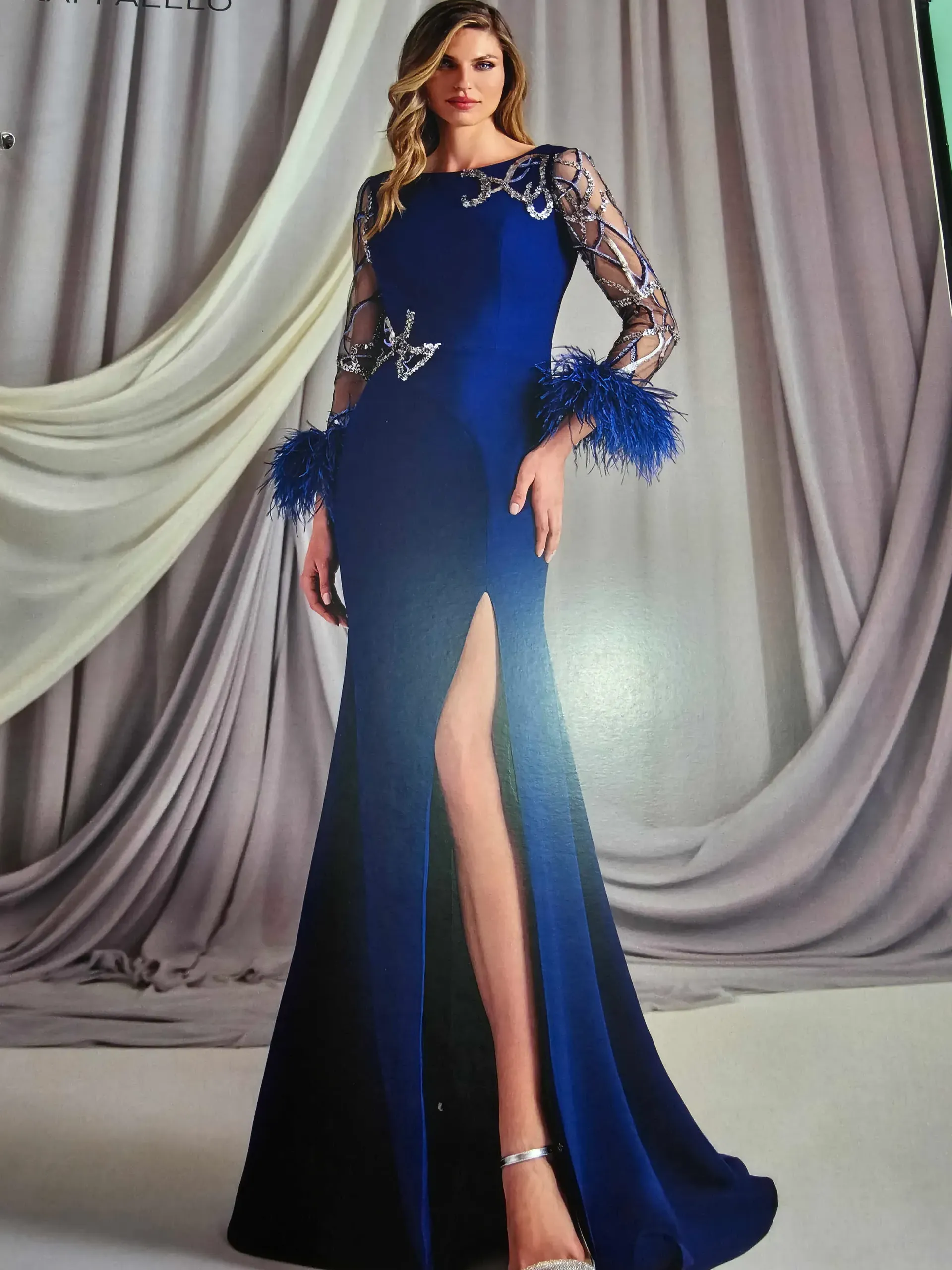 Una mujer con un vestido azul con plumas en las mangas.