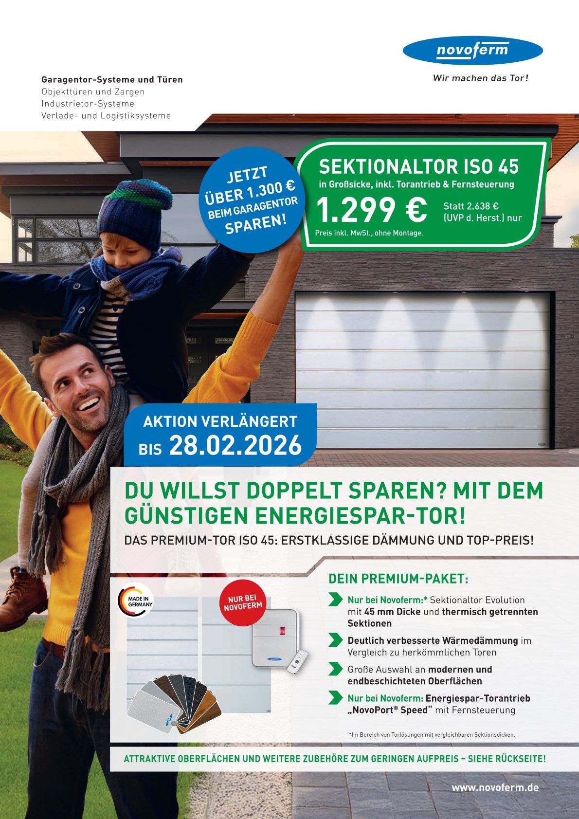 Werbung für ein Garagentor mit einem Mann, der ein Kind trägt, mit einem Text, der auf Energieeinsparungen hinweist, und einer Preisangabe.