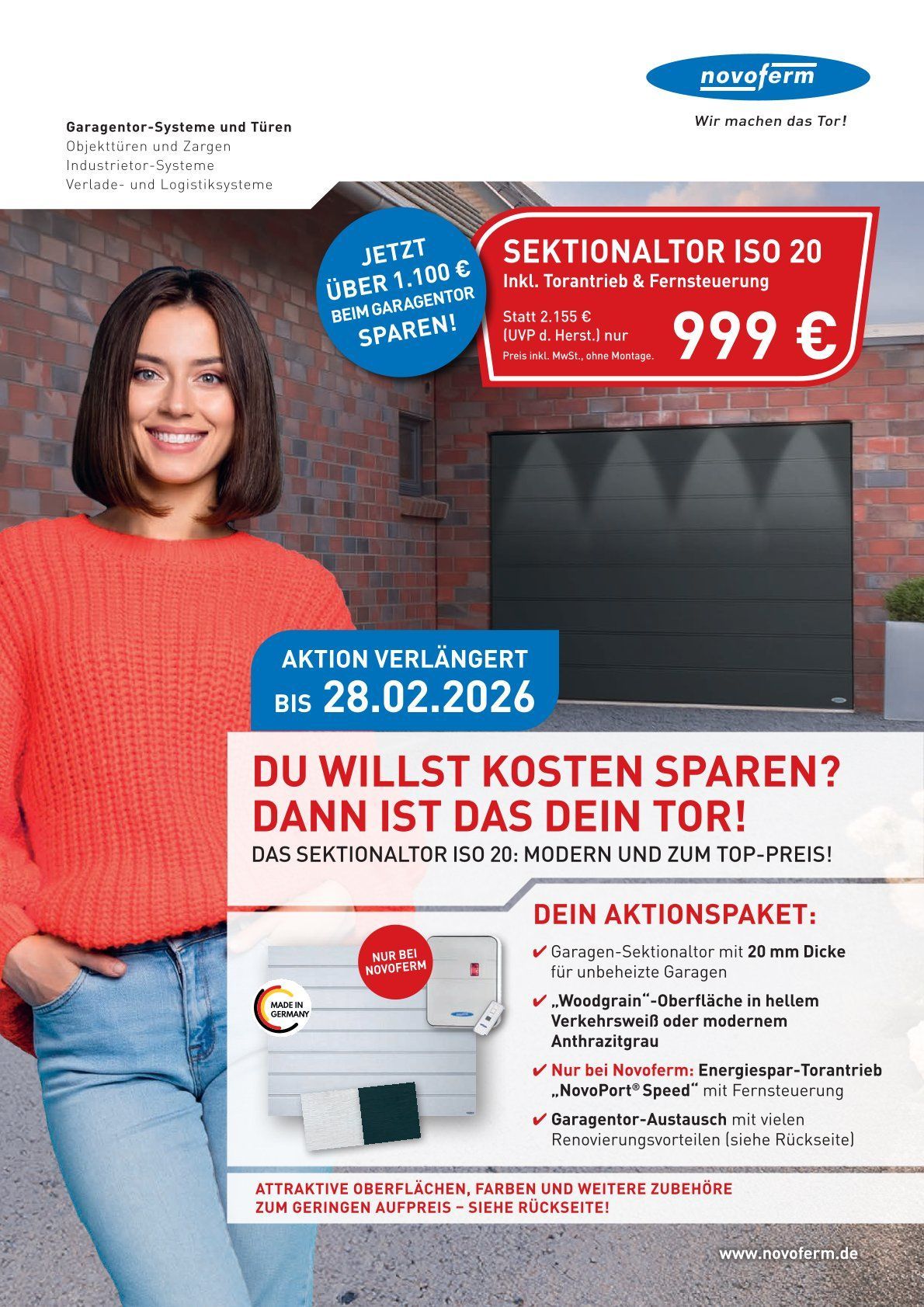 Frau lächelt, roter Pullover, blaue Jeans, wirbt für den Verkauf eines Garagentors für 999€; verlängertes Angebot bis zum 28.02.2026.