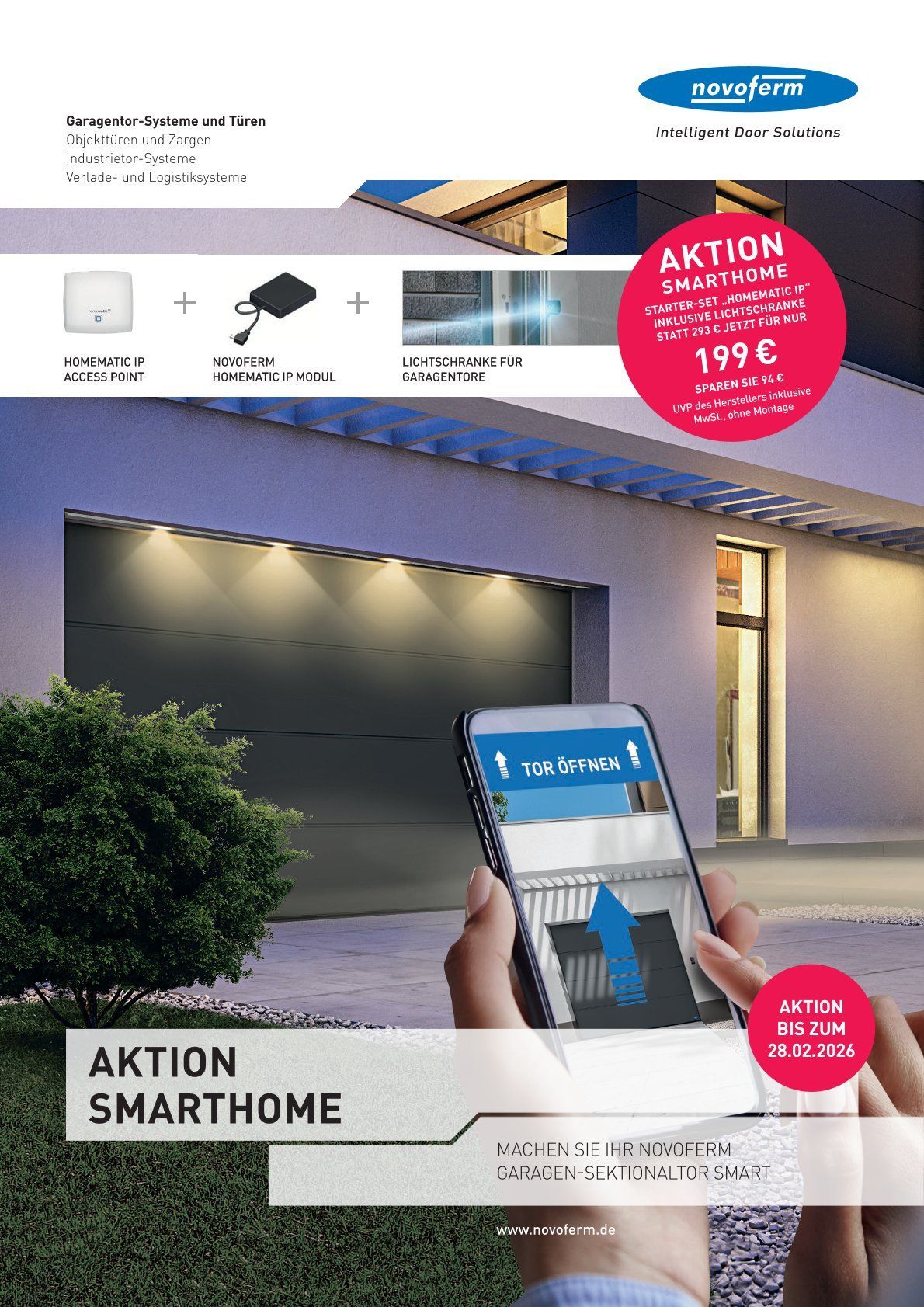 Smart-Home-Werbung: Eine Person steuert mit einem Smartphone ein Garagentor; roter „Aktion“-Kreis.