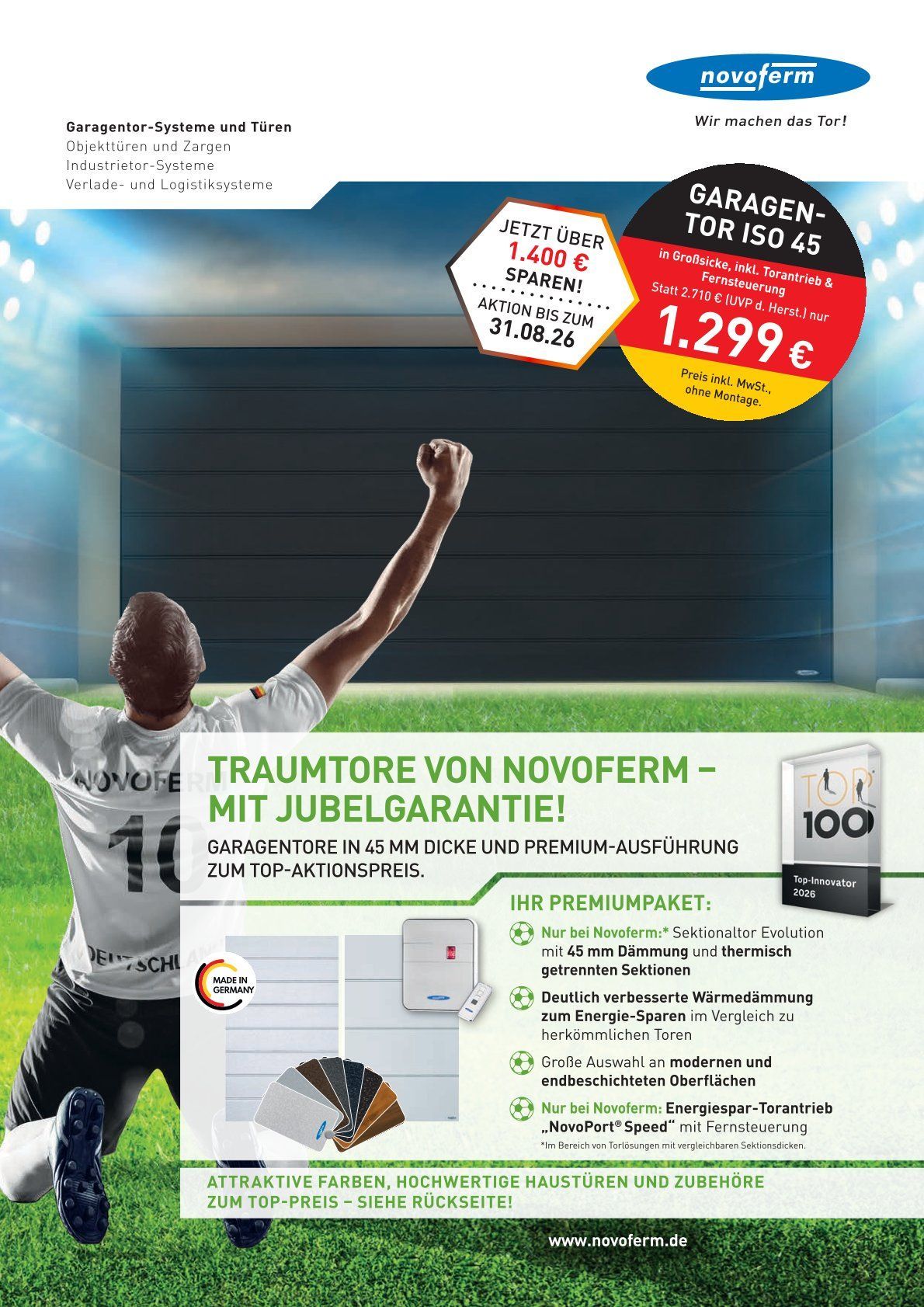 Frau lächelt, roter Pullover, blaue Jeans, wirbt für den Verkauf eines Garagentors für 999€; verlängertes Angebot bis zum 28.02.2026.