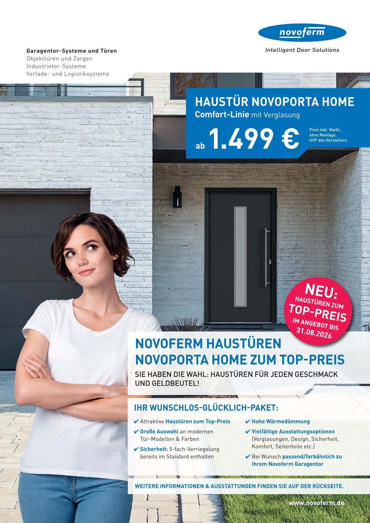 Smart-Home-Werbung: Eine Person steuert mit einem Smartphone ein Garagentor; roter „Aktion“-Kreis.