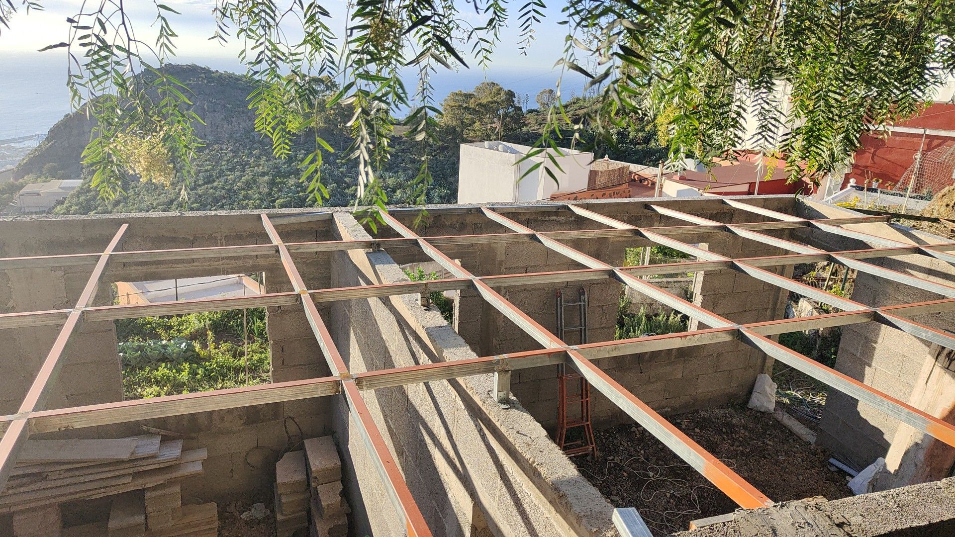 Techo parcialmente derruido, con vigas de madera al descubierto y vegetación al fondo