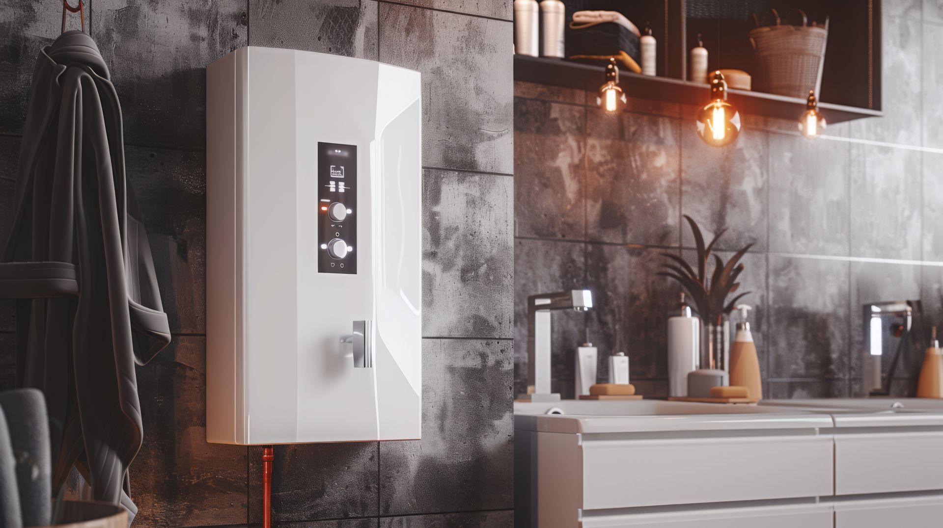 Un chauffe-eau blanc sur un carrelage mural noir