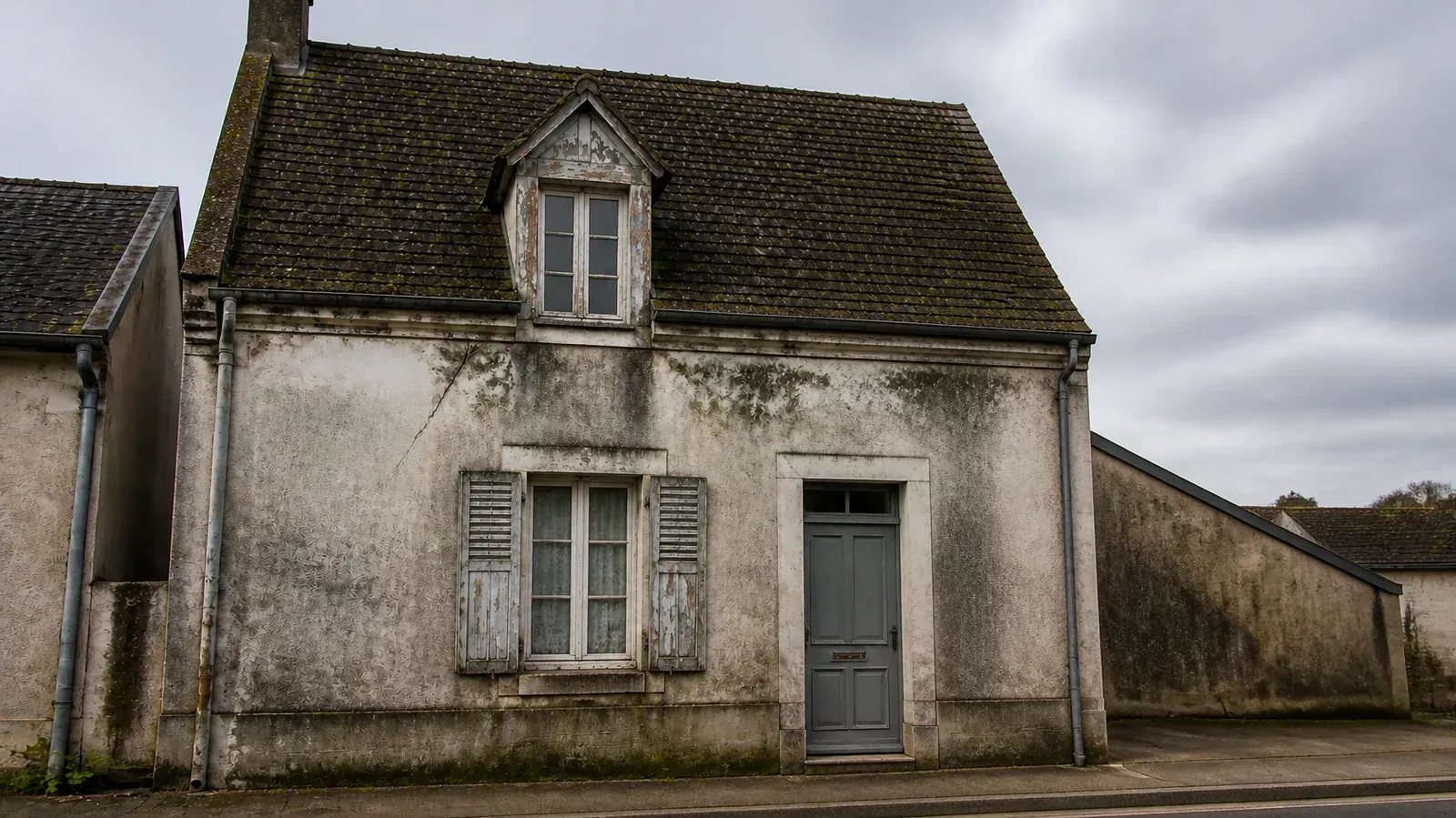 Échafaudage à côté d’une maison en pierre aux volets bruns, dans un cadre rural brumeux